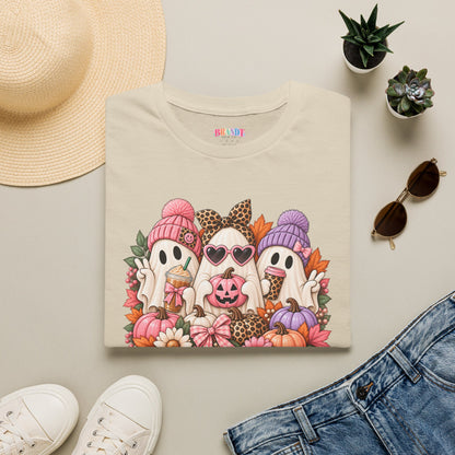Cute Halloween Ghosts T-Shirt - Fall Pumpkin & Leaves Spooky Cozy Tee