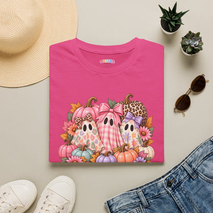 Cute Fall Ghost Trio T-Shirt - Pink Pumpkin Halloween Tee