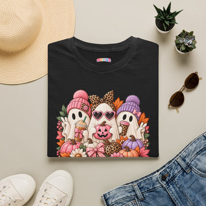 Cute Halloween Ghosts T-Shirt - Fall Pumpkin & Leaves Spooky Cozy Tee