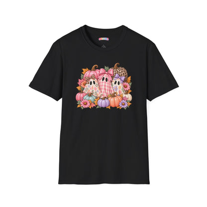 Cute Fall Ghost Trio T-Shirt - Pink Pumpkin Halloween Tee
