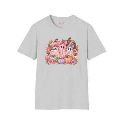 Cute Fall Ghost Trio T-Shirt - Pink Pumpkin Halloween Tee