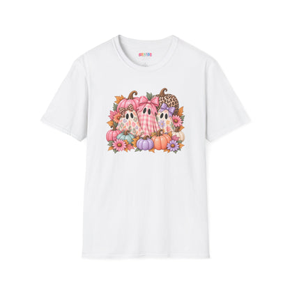 Cute Fall Ghost Trio T-Shirt - Pink Pumpkin Halloween Tee
