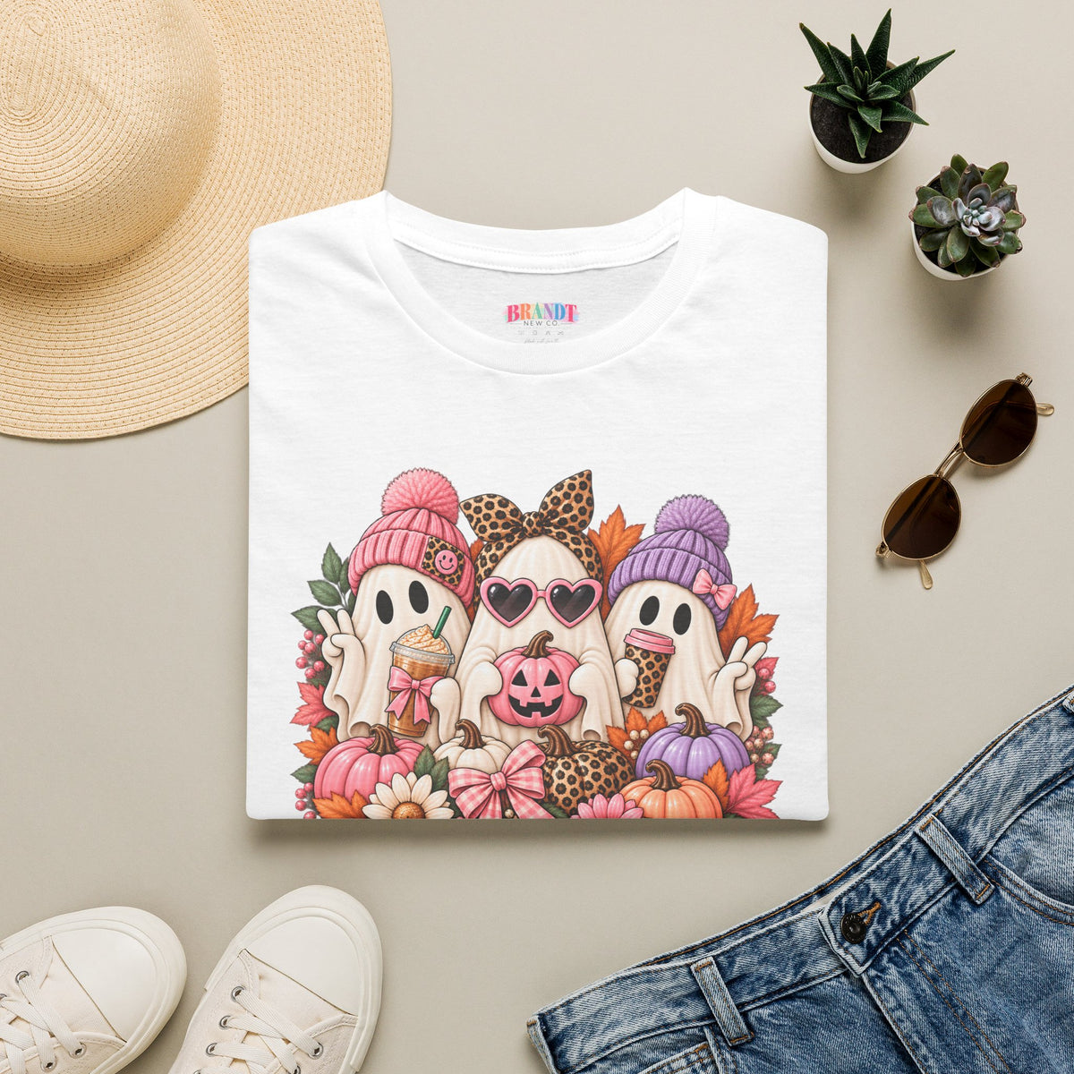 Cute Halloween Ghosts T-Shirt - Fall Pumpkin & Leaves Spooky Cozy Tee