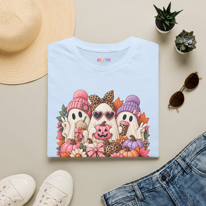 Cute Halloween Ghosts T-Shirt - Fall Pumpkin & Leaves Spooky Cozy Tee