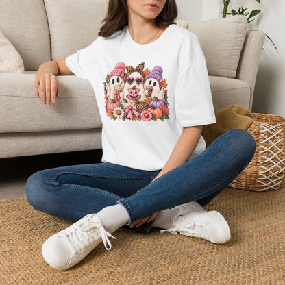 Cute Halloween Ghosts T-Shirt - Fall Pumpkin & Leaves Spooky Cozy Tee