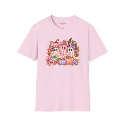 Cute Fall Ghost Trio T-Shirt - Pink Pumpkin Halloween Tee