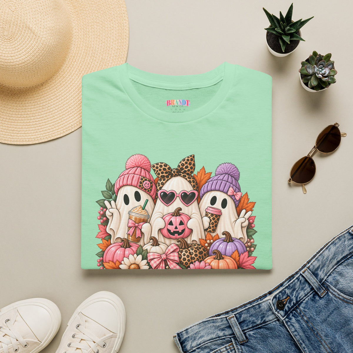 Cute Halloween Ghosts T-Shirt - Fall Pumpkin & Leaves Spooky Cozy Tee