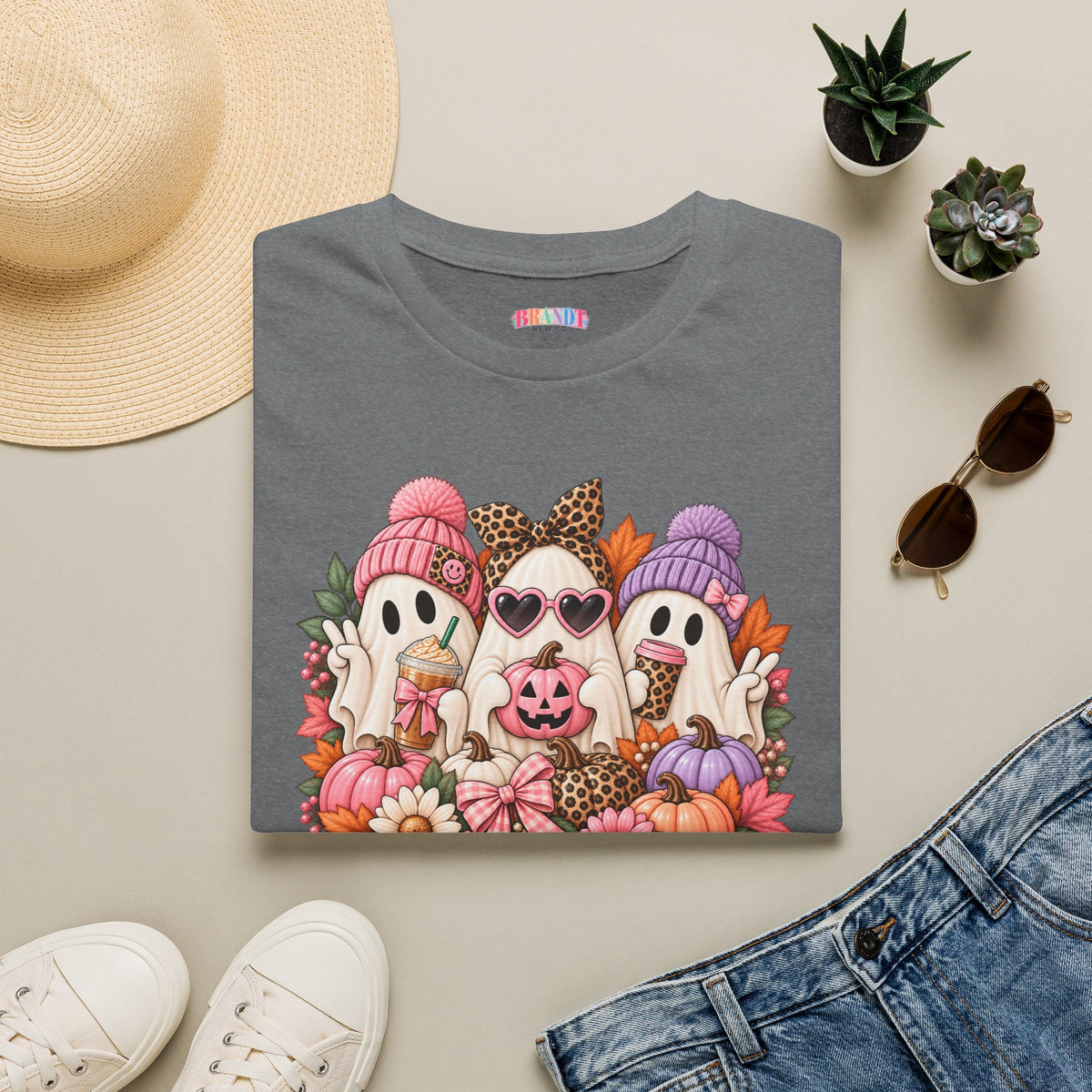 Cute Halloween Ghosts T-Shirt - Fall Pumpkin & Leaves Spooky Cozy Tee
