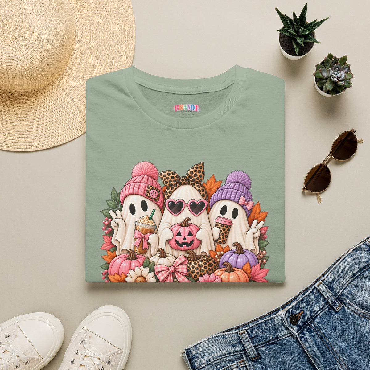 Cute Halloween Ghosts T-Shirt - Fall Pumpkin & Leaves Spooky Cozy Tee