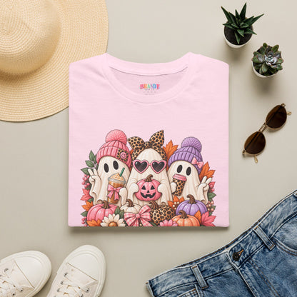 Cute Halloween Ghosts T-Shirt - Fall Pumpkin & Leaves Spooky Cozy Tee