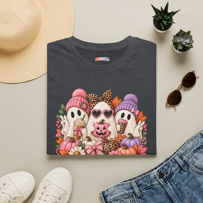 Cute Halloween Ghosts T-Shirt - Fall Pumpkin & Leaves Spooky Cozy Tee