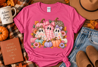 Cute Fall Ghost Trio T-Shirt - Pink Pumpkin Halloween Tee