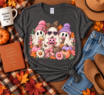 Cute Halloween Ghosts T-Shirt - Fall Pumpkin & Leaves Spooky Cozy Tee